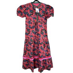 Marie by Victoria Dunn XL Cotton Floral Maxi Ruffle Dress Short Puff Sleeves NWT
